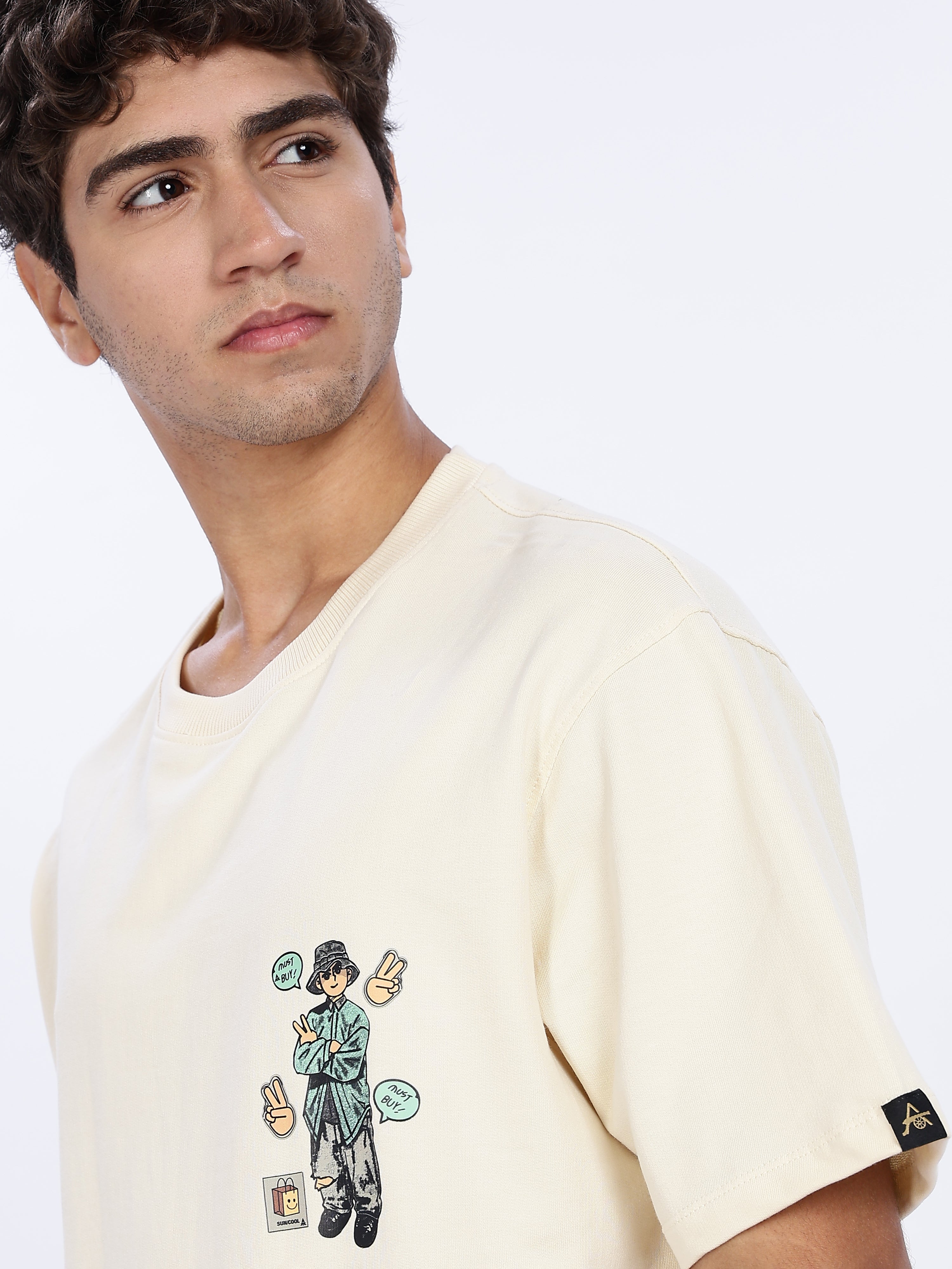 Men's Beige Studio Art Graphic Printed Drop Shoulder T-shirt