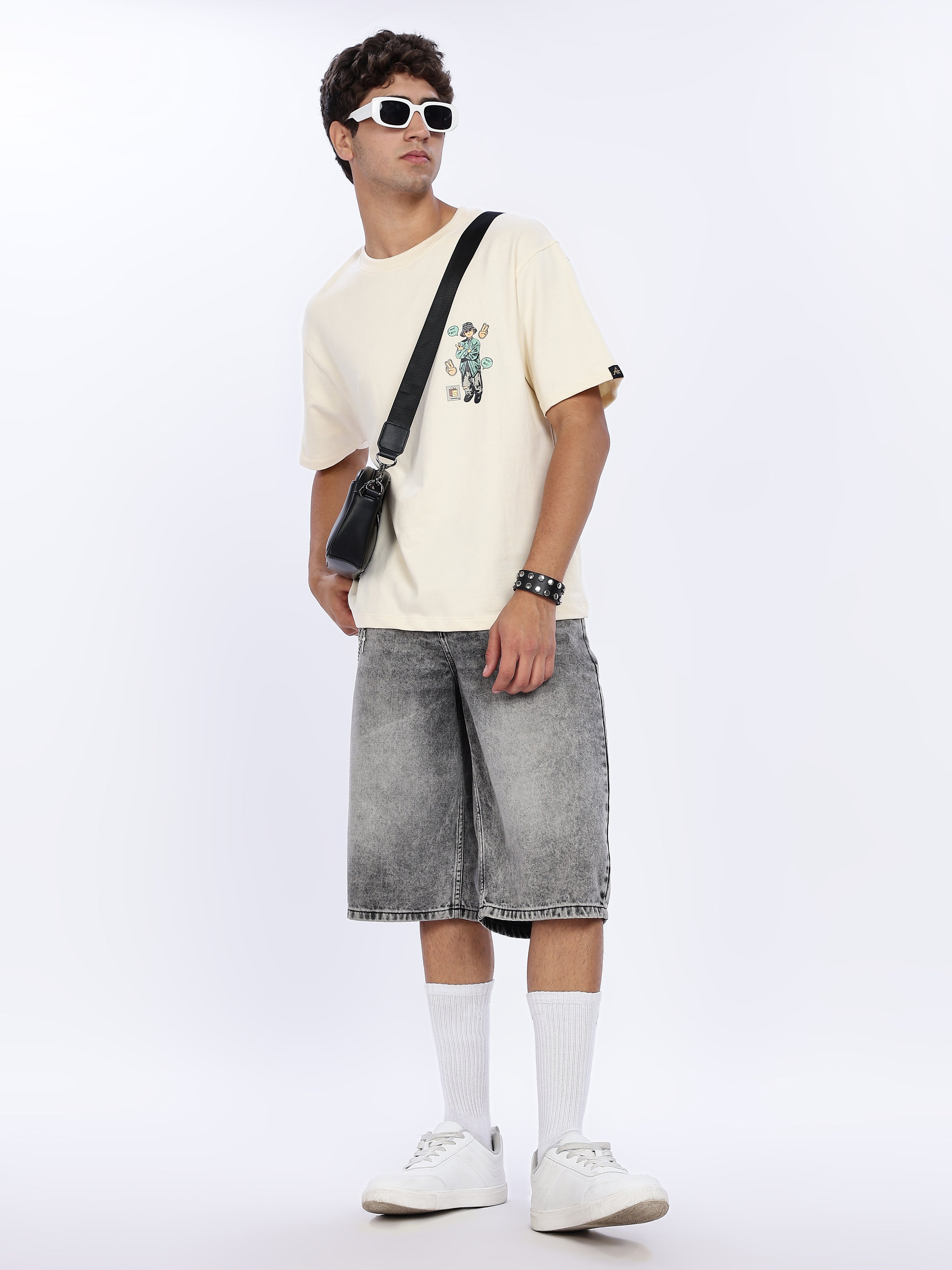 Men's Beige Studio Art Graphic Printed Drop Shoulder T-shirt