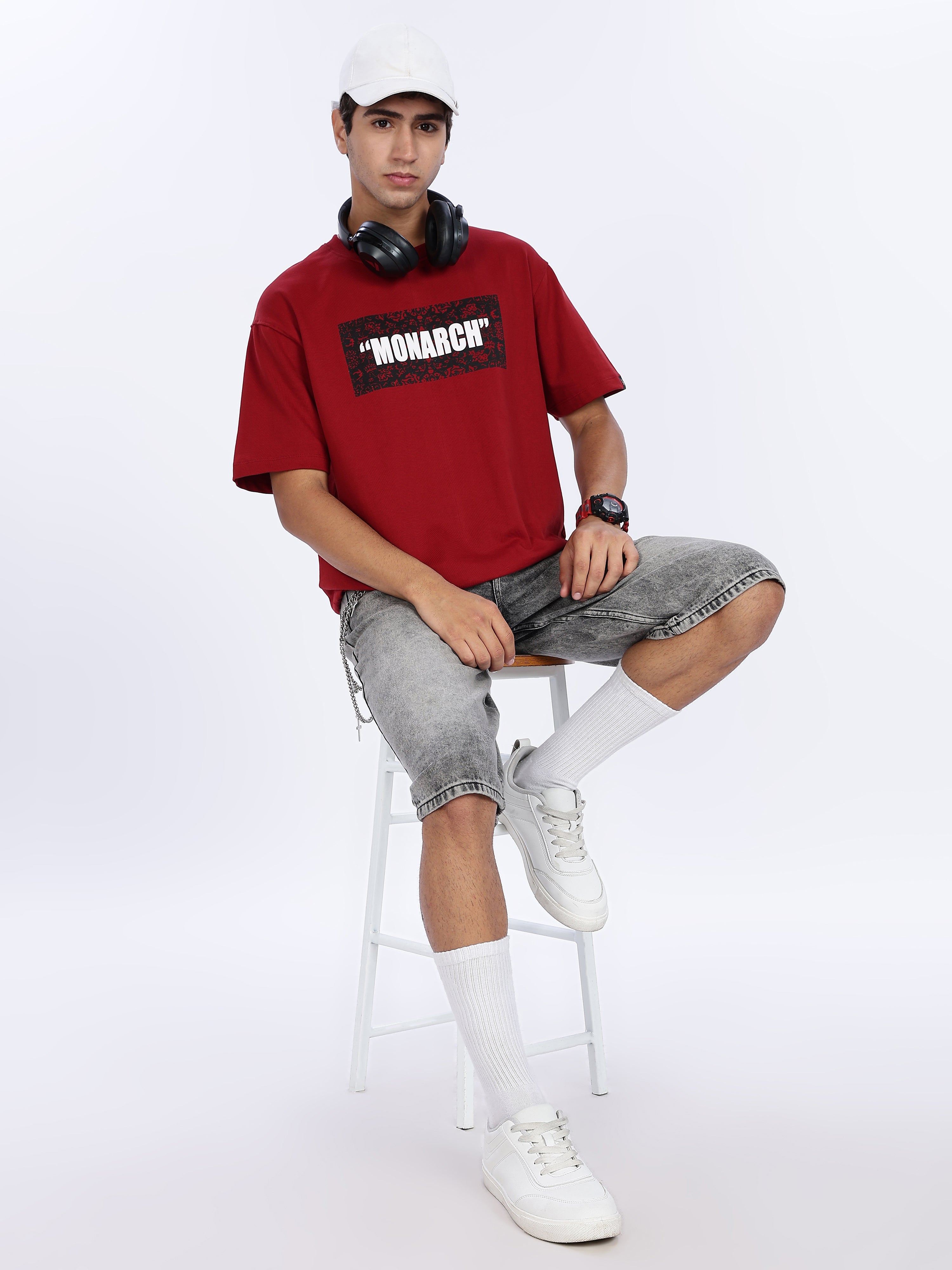 Men's Red Monarch Graphic Printed Drop Shoulder T-shirt