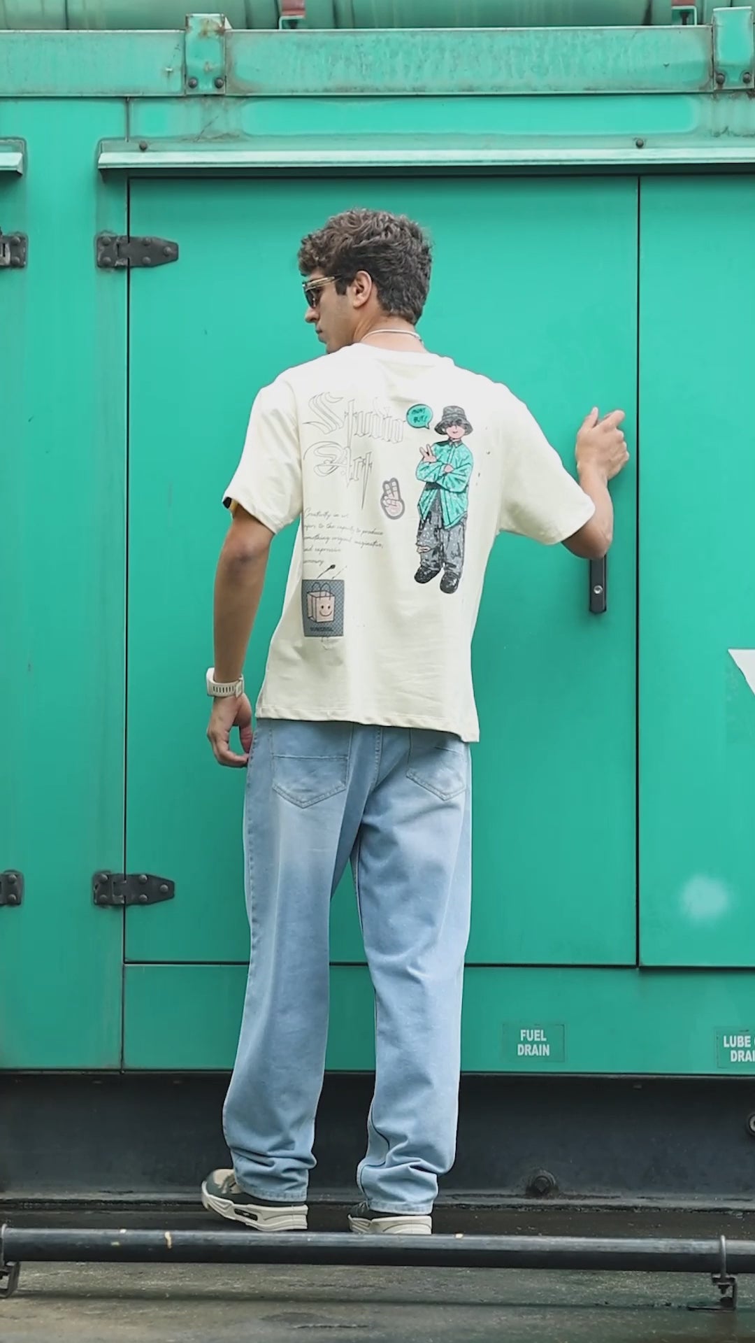 Men's Beige Studio Art Graphic Printed Drop Shoulder T-shirt